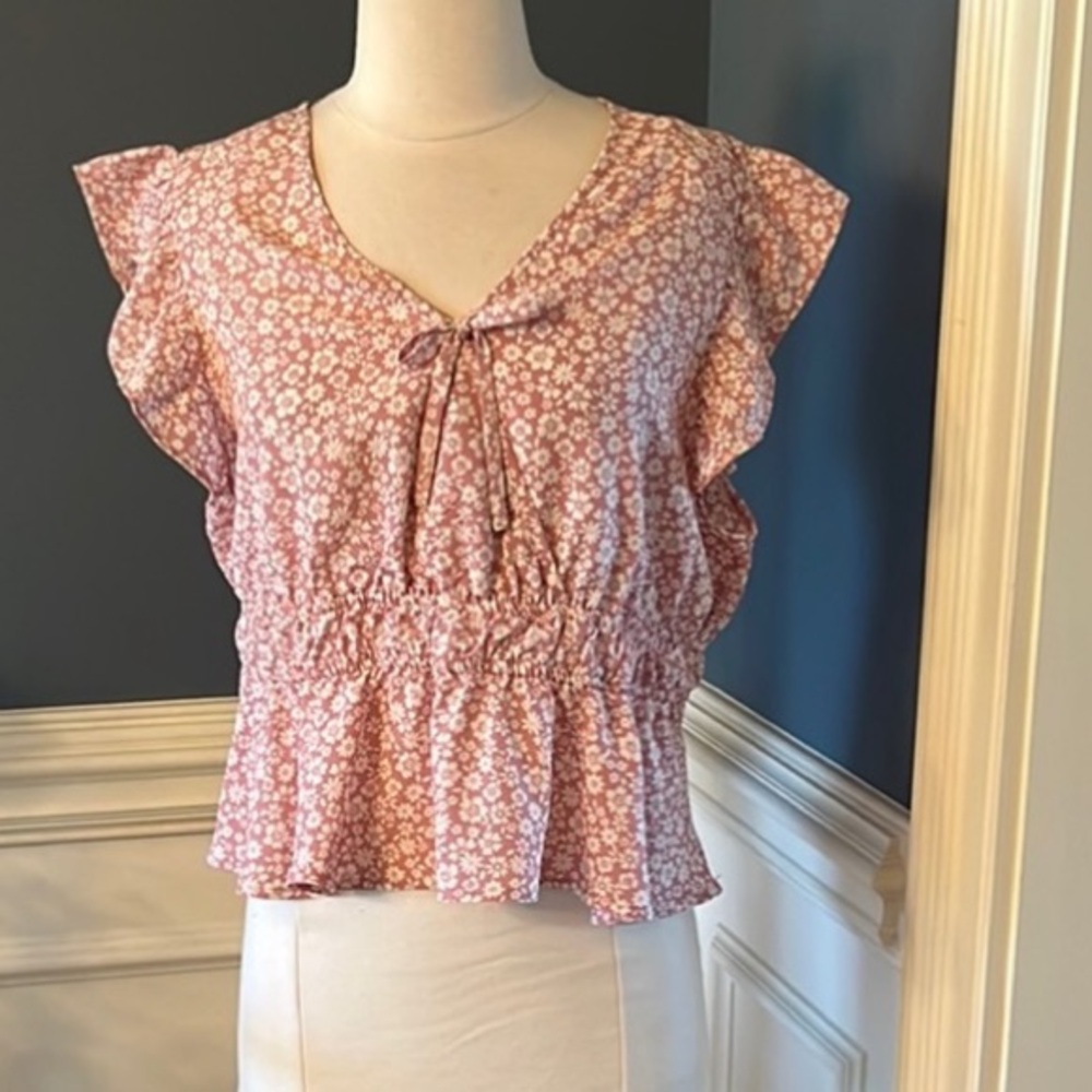 Planet Gold Pink Rose Floral Top V Neck Blouse Womens XL New Flutter Sleeve